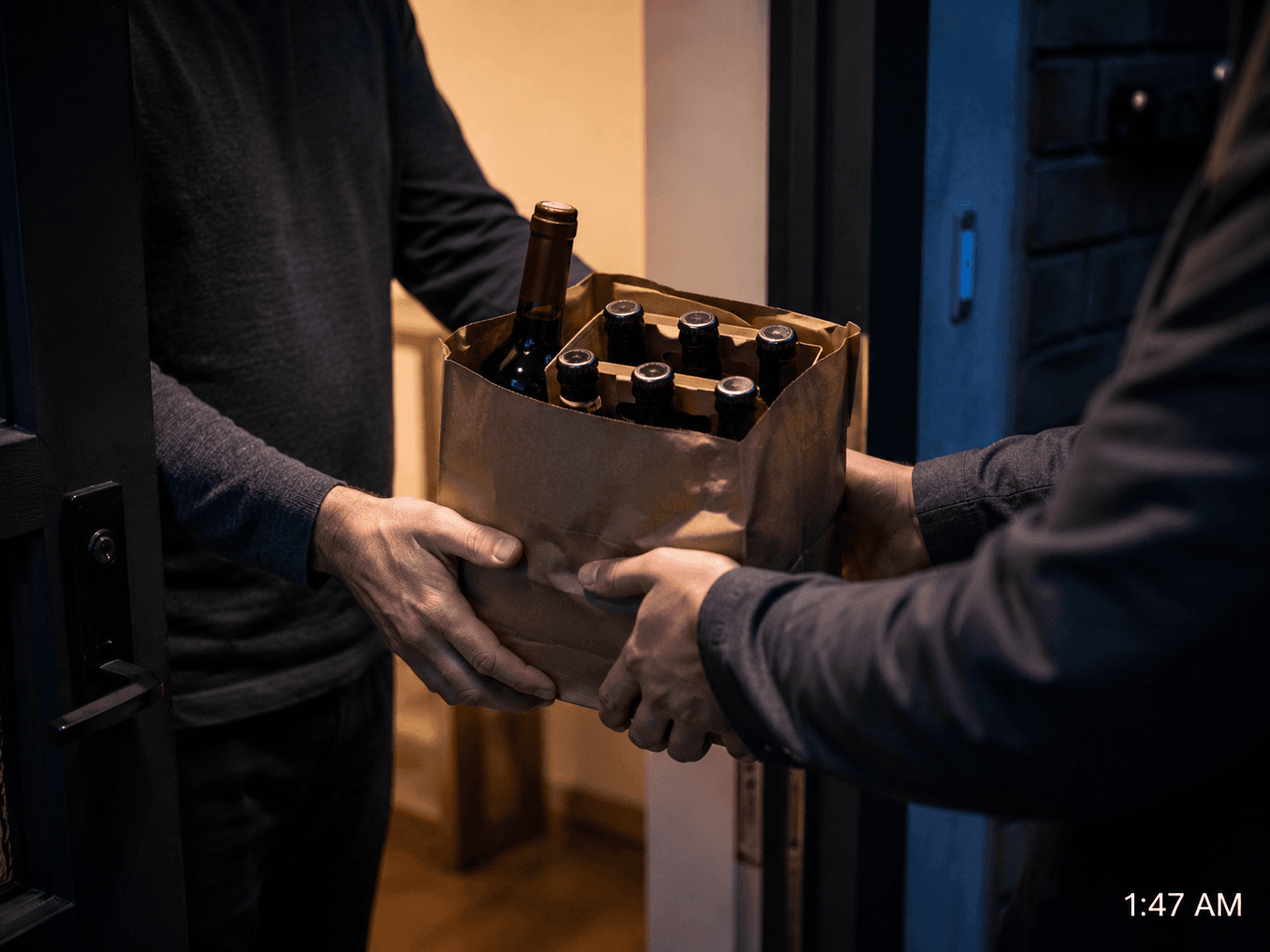 Doorstep handoff of a 24 hour alcohol delivery at 2 AM in Toronto