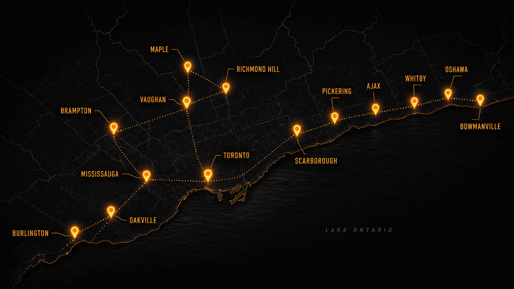 Map of 14 GTA cities covered by 24 hour alcohol delivery: Toronto, Mississauga, Brampton, Vaughan, Richmond Hill, Oakville, Burlington, Scarborough, Pickering, Ajax, Whitby, Bowmanville, Maple, and Oshawa