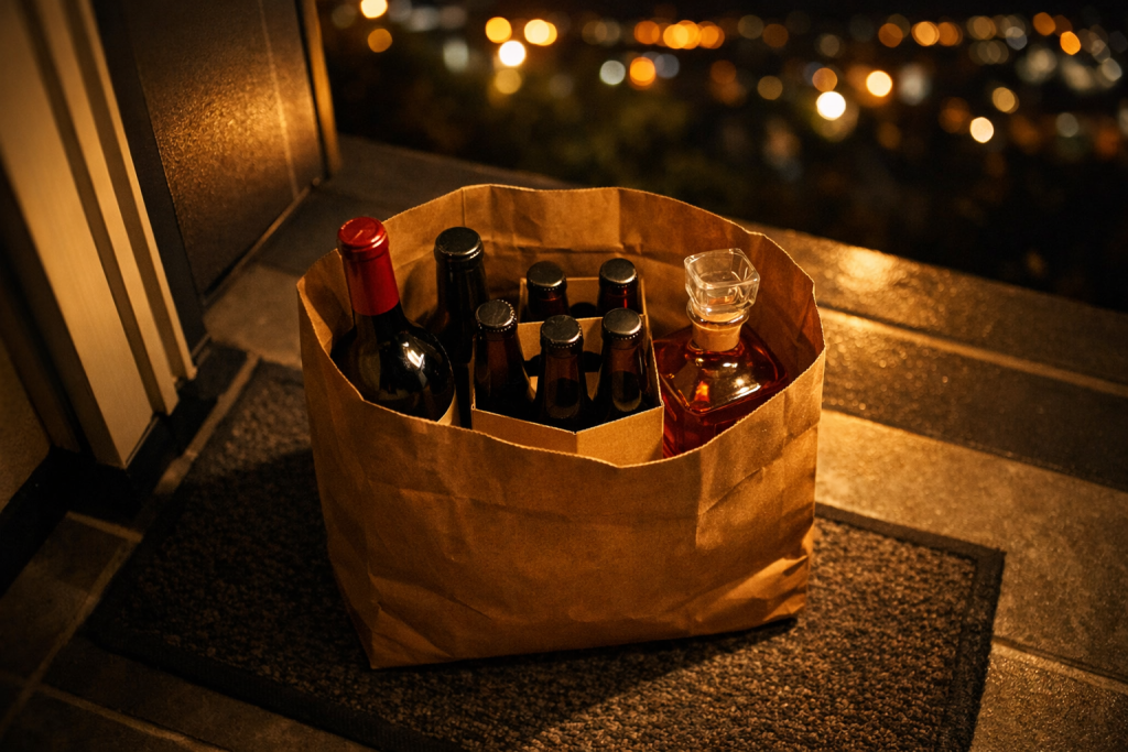 After hours alcohol delivery bag with wine, beer, and spirits on a doorstep at night