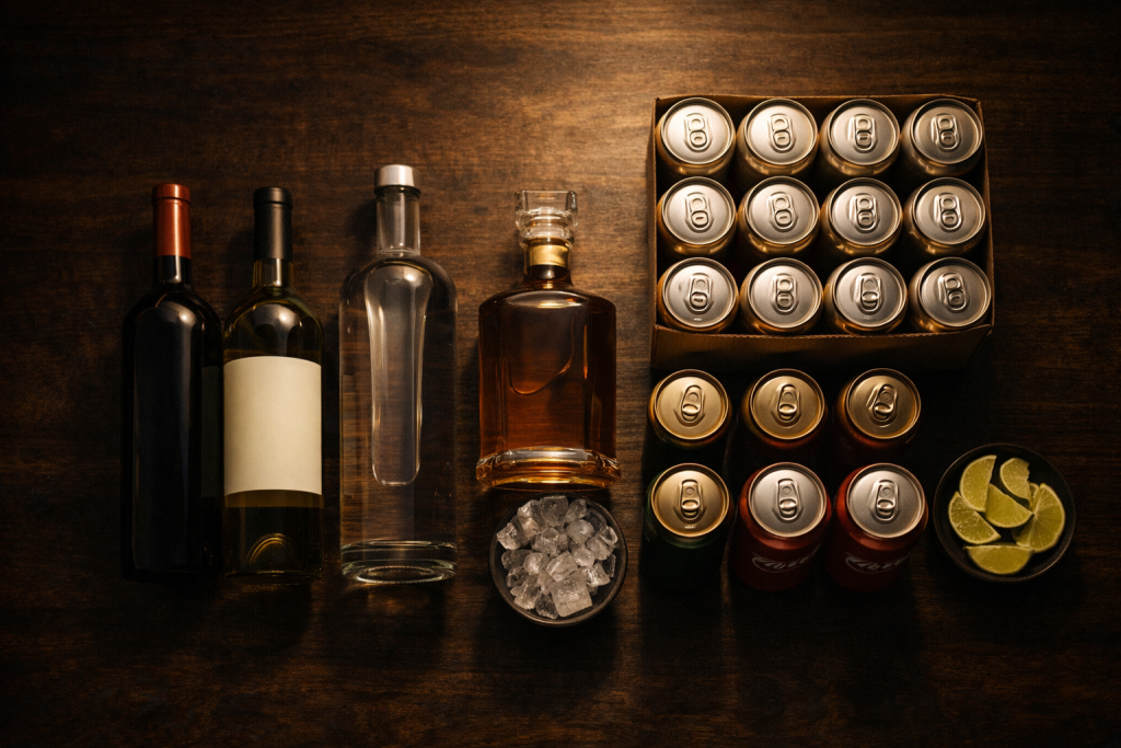 Selection of beer, wine, and spirits available for after hours alcohol delivery