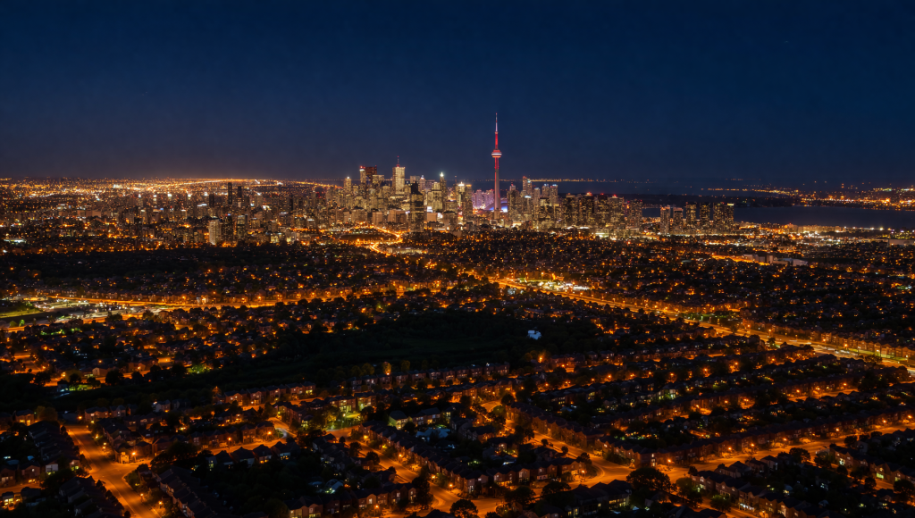 Aerial nighttime view of the Greater Toronto Area showing alcohol delivery coverage zones
