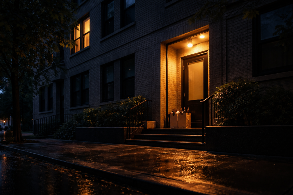 Alcohol delivery bag waiting at an apartment entrance late at night